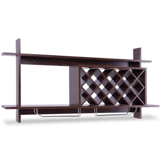 Wall Mount Wine Rack with Glass Holder & Storage Shelf-Walnut at Set Shop and Smile