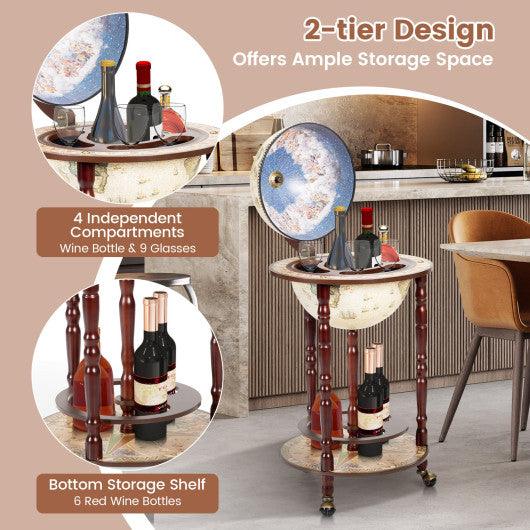 17 Inch Italian Style Design Wooden Globe Liquor Bottle Wine Rack with Wheels at Set Shop and Smile