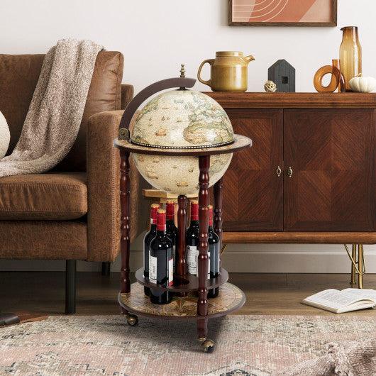 17 Inch Italian Style Design Wooden Globe Liquor Bottle Wine Rack with Wheels at Set Shop and Smile