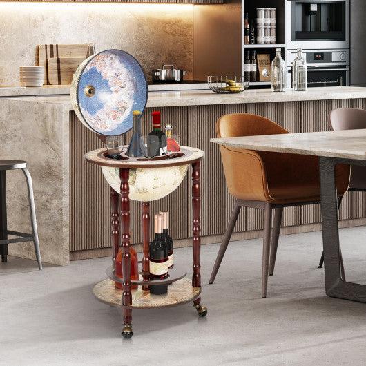17 Inch Italian Style Design Wooden Globe Liquor Bottle Wine Rack with Wheels at Set Shop and Smile