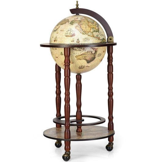 17 Inch Italian Style Design Wooden Globe Liquor Bottle Wine Rack with Wheels at Set Shop and Smile