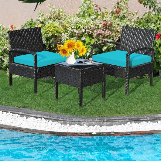 3 Pieces Outdoor Rattan Patio Conversation Set with Seat Cushions-Turquoise at Set Shop and Smile