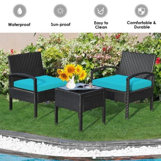 3 Pieces Outdoor Rattan Patio Conversation Set with Seat Cushions-Turquoise at Set Shop and Smile
