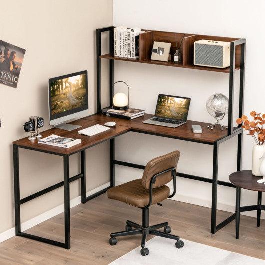 Reversible L-Shaped Corner Desk with Storage Bookshelf-Walnut at Set Shop and Smile