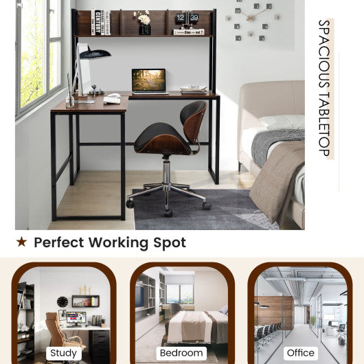 Reversible L-Shaped Corner Desk with Storage Bookshelf-Walnut - Set Shop and Smile