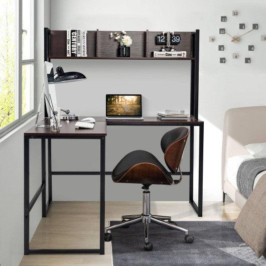 Reversible L-Shaped Corner Desk with Storage Bookshelf-Dark Brown at Set Shop and Smile