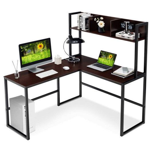 Reversible L-Shaped Corner Desk with Storage Bookshelf-Dark Brown at Set Shop and Smile