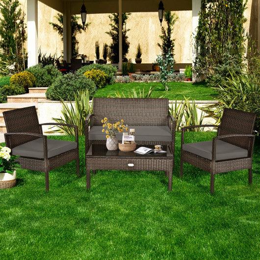 4 Pieces Patio Rattan Cushioned Furniture Set with Loveseat and Table -Brown at Set Shop and Smile