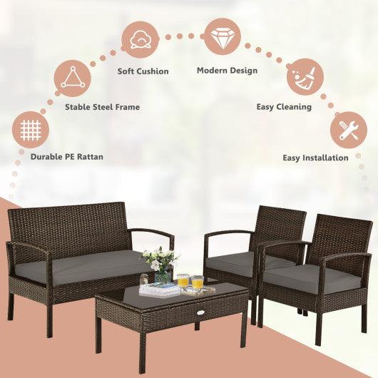 4 Pieces Patio Rattan Cushioned Furniture Set with Loveseat and Table -Brown at Set Shop and Smile