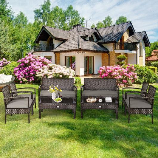 4 Pieces Patio Rattan Cushioned Furniture Set with Loveseat and Table -Brown at Set Shop and Smile