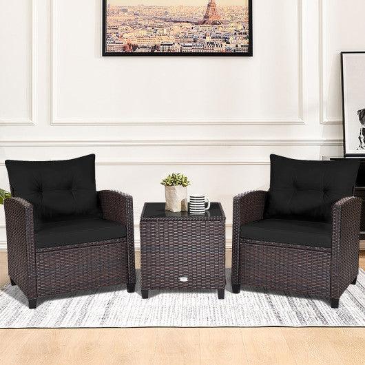 3 Pcs Patio Rattan Furniture Set Cushioned Conversation Set Coffee Table -Black at Set Shop and Smile