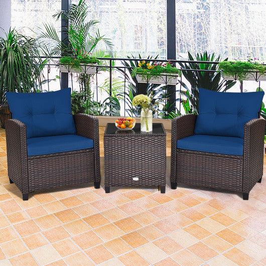 3 Pcs Patio Rattan Furniture Set Cushioned Conversation Set Coffee Table-Navy at Set Shop and Smile