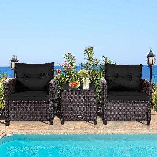 3 Pcs Patio Rattan Furniture Set Cushioned Conversation Set Coffee Table -Black at Set Shop and Smile