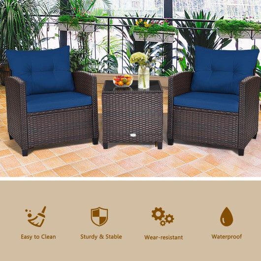 3 Pcs Patio Rattan Furniture Set Cushioned Conversation Set Coffee Table-Navy at Set Shop and Smile
