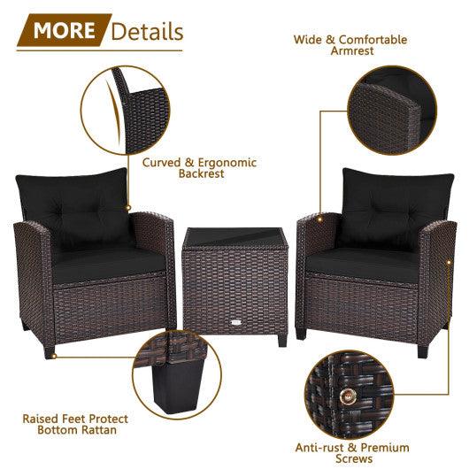 3 Pcs Patio Rattan Furniture Set Cushioned Conversation Set Coffee Table -Black at Set Shop and Smile