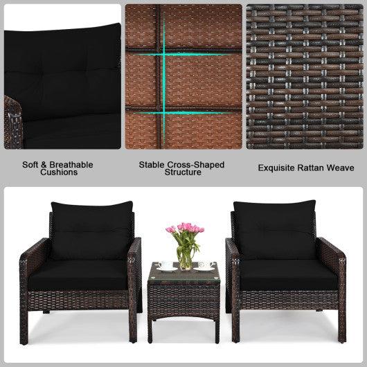 3 Pcs Outdoor Patio Rattan Conversation Set with Seat Cushions-Black at Set Shop and Smile