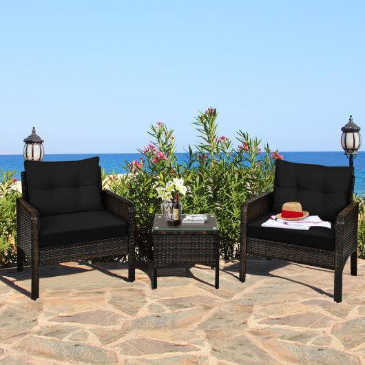 3 Pcs Outdoor Patio Rattan Conversation Set with Seat Cushions-Black at Set Shop and Smile