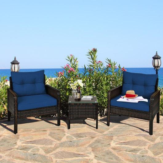 3 Pieces Outdoor Patio Rattan Conversation Set with Seat Cushions-Navy at Set Shop and Smile