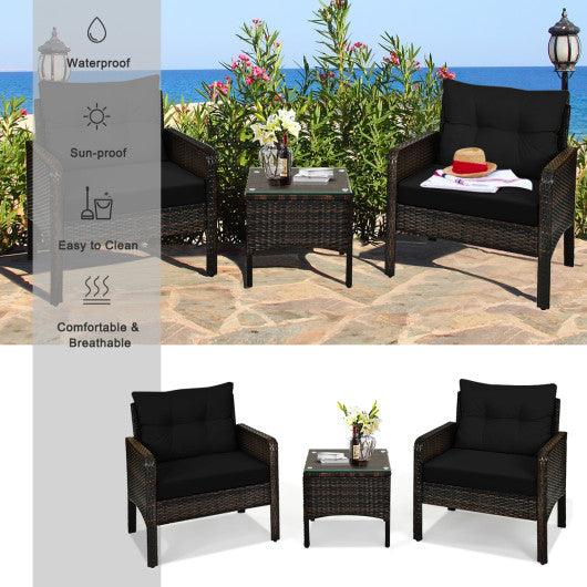 3 Pcs Outdoor Patio Rattan Conversation Set with Seat Cushions-Black at Set Shop and Smile