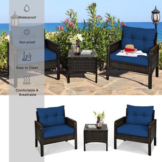 3 Pieces Outdoor Patio Rattan Conversation Set with Seat Cushions-Navy at Set Shop and Smile