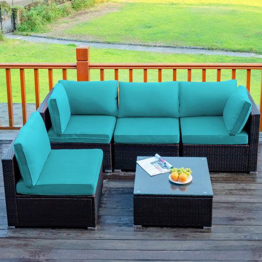 5 Pieces Cushioned Patio Rattan Furniture Set with Glass Table-Turquoise at Set Shop and Smile