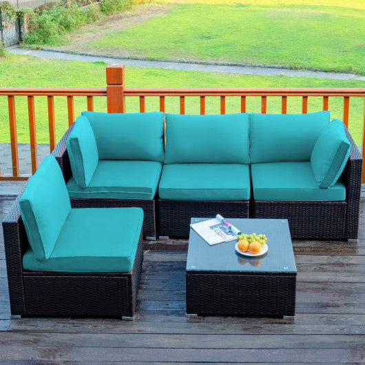 5 Pieces Cushioned Patio Rattan Furniture Set with Glass Table-Turquoise - Set Shop and Smile