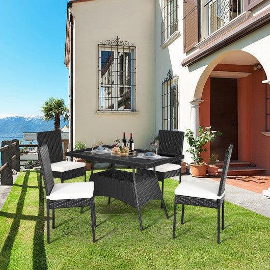 5 Pieces Outdoor Patio Rattan Dining Set with Glass Top with Cushions at Set Shop and Smile