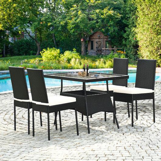 5 Pieces Outdoor Patio Rattan Dining Set with Glass Top with Cushions at Set Shop and Smile