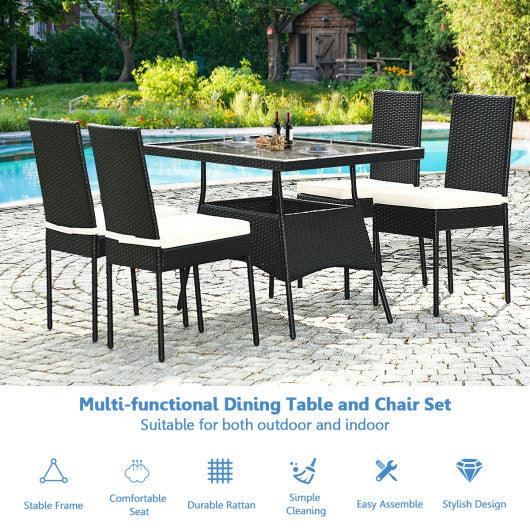 5 Pieces Outdoor Patio Rattan Dining Set with Glass Top with Cushions at Set Shop and Smile
