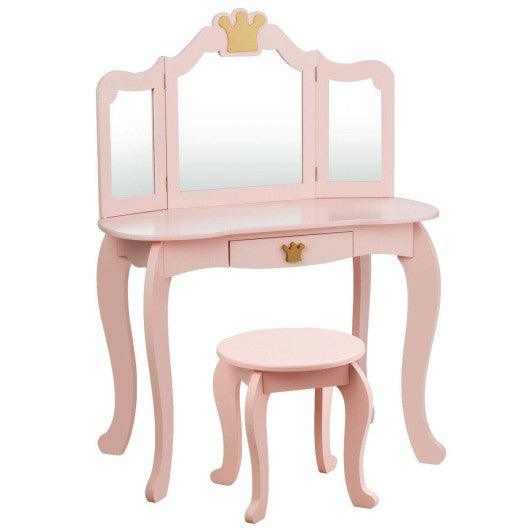 Kids Makeup Dressing Table with Tri-folding Mirror and Stool-Pink at Set Shop and Smile