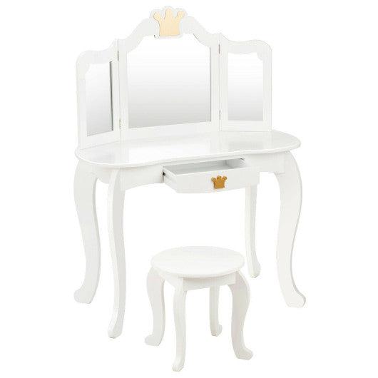 Kids Makeup Dressing Table with Tri-folding Mirror and Stool-White at Set Shop and Smile