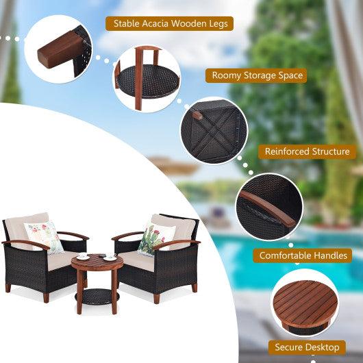 3 Pieces Patio Rattan Furniture Set with Washable Cushion and Acacia Wood Tabletop-Beige at Set Shop and Smile