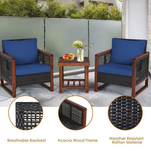 3 Pieces Patio Wicker Furniture Set with Washable Cushion and Acacia Wood Coffee Table-Navy at Set Shop and Smile