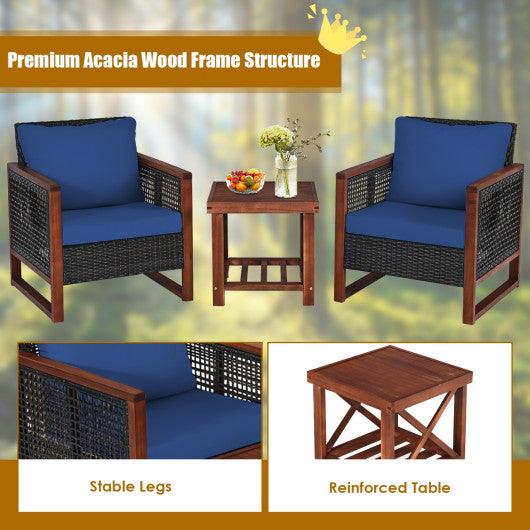 3 Pieces Patio Wicker Furniture Set with Washable Cushion and Acacia Wood Coffee Table-Navy at Set Shop and Smile