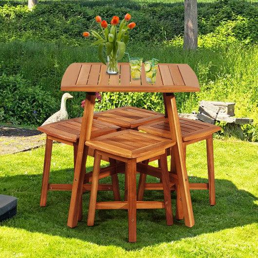5 Pieces Wood Patio Dining Set with Square Table and 4 Stools at Set Shop and Smile