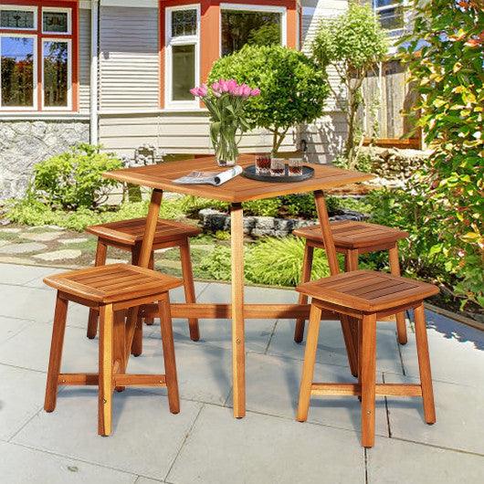 5 Pieces Wood Patio Dining Set with Square Table and 4 Stools at Set Shop and Smile