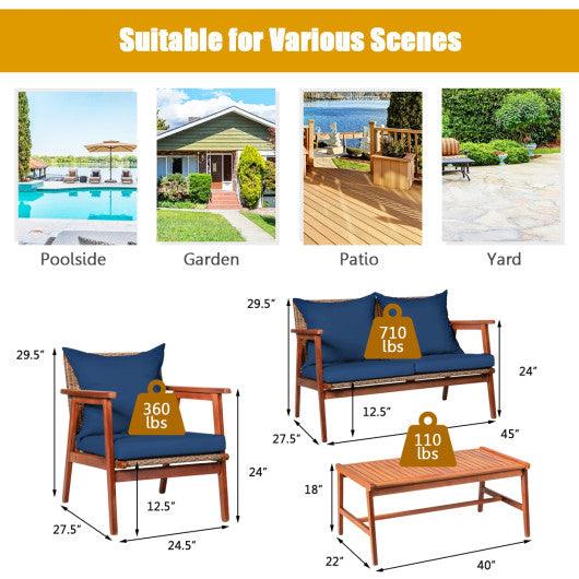 4 Piece Acacia Wood Patio Rattan Furniture Set-Navy at Set Shop and Smile