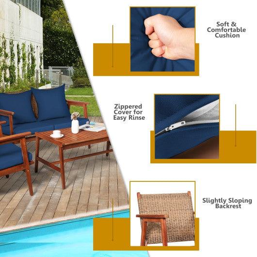 4 Piece Acacia Wood Patio Rattan Furniture Set-Navy at Set Shop and Smile