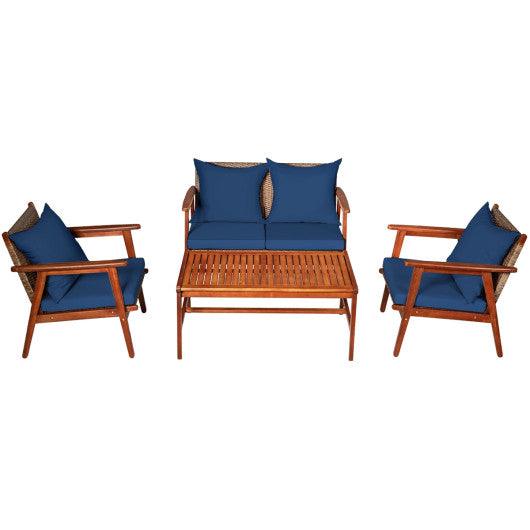 4 Piece Acacia Wood Patio Rattan Furniture Set-Navy at Set Shop and Smile