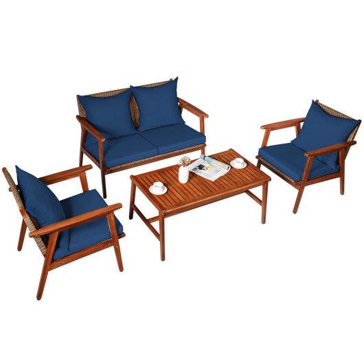 4 Piece Acacia Wood Patio Rattan Furniture Set-Navy at Set Shop and Smile