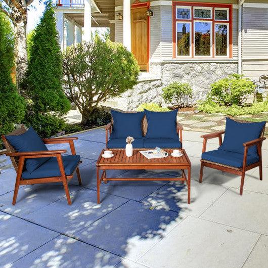 4 Piece Acacia Wood Patio Rattan Furniture Set-Navy at Set Shop and Smile
