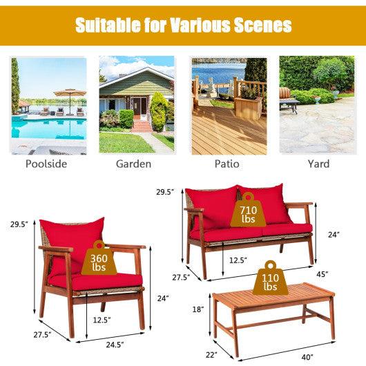 4 Piece Acacia Wood Patio Rattan Furniture Set-Red at Set Shop and Smile
