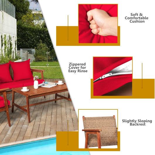 4 Piece Acacia Wood Patio Rattan Furniture Set-Red at Set Shop and Smile