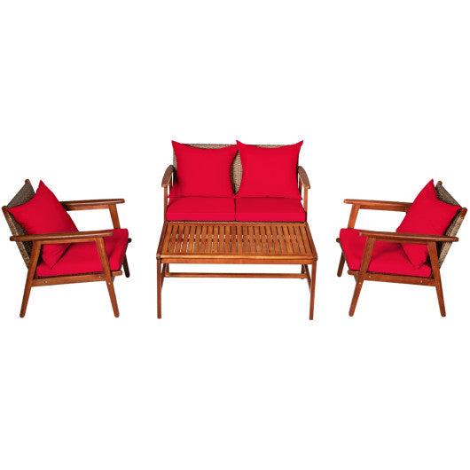 4 Piece Acacia Wood Patio Rattan Furniture Set-Red at Set Shop and Smile