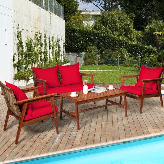 4 Piece Acacia Wood Patio Rattan Furniture Set-Red at Set Shop and Smile