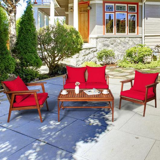 4 Piece Acacia Wood Patio Rattan Furniture Set-Red at Set Shop and Smile