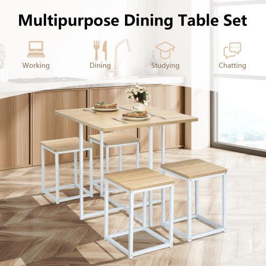 5 Pieces Metal Frame Dining Set with Compact Dining Table and 4 Stools -Natural at Set Shop and Smile
