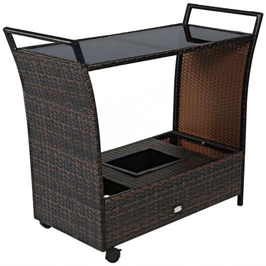 Patio Rattan Bar Serving Cart with Glass Top and Handle at Set Shop and Smile