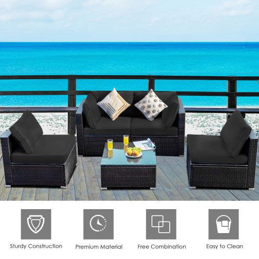 5 Pieces Cushioned Patio Rattan Furniture Set with Glass Table-Black at Set Shop and Smile