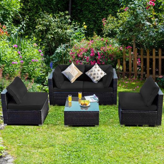 5 Pieces Cushioned Patio Rattan Furniture Set with Glass Table-Black at Set Shop and Smile
